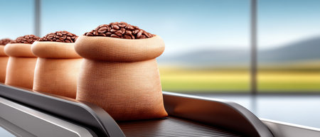 Fresh coffee bean sack on conveyor belt in industry production with warm atmosphereの素材