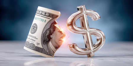 Rolled hundred dollar bill burning toward metallic dollar symbol, dramatic finance conflict sceneの素材