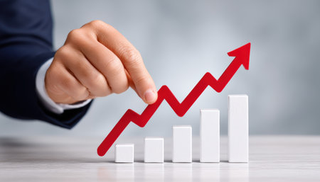 Red arrow rising above white bar chart showing business growth and successの素材