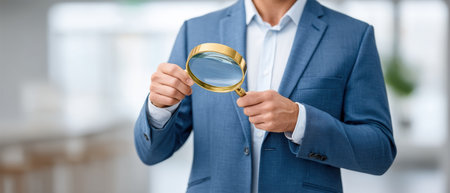 Man in blue suit holding magnifying glass, investigative business concept, focused inspectionの素材