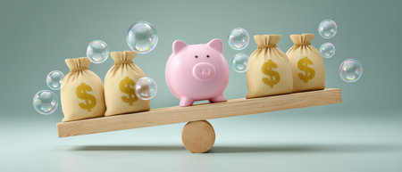 Pink piggy bank and money bag balance on seesaw with floating bubblesの素材