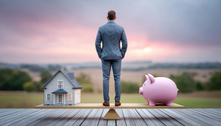 Man in suit balancing house and piggy bank on seesaw at sunset, contemplative financial decisionの素材