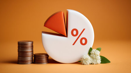 White pie chart percent symbol with orange slice and stacked coins, financial growth and savingsの素材