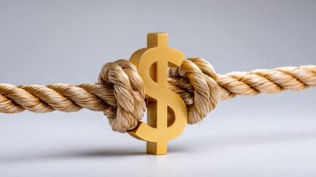 Gold dollar symbol tied in rope knot conveying financial tension and constraintの素材