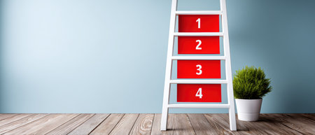 White ladder with numbered red steps and potted plant on wooden floor, minimal interior sceneの素材