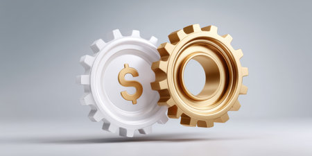 Gold gear and white gear with dollar symbol conveying financial productivity and innovationの素材