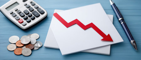Financial decline concept with downward arrow coins calculator and penの素材