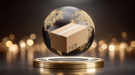 Global logistics e commerc package shipping concept with glowing globe and parcelの素材