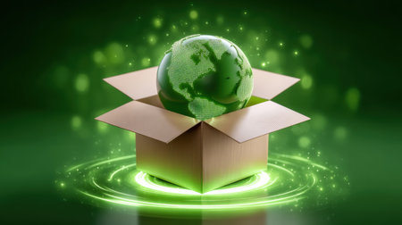 Green glowing globe emerging from open cardboard box e commerc concept with magical energyの素材