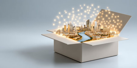 E commerc smart city concept with glowing network nodes emerging from open box showcasing urbanの素材