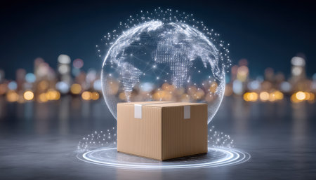 E commerc global shipping package on digital network globe with city lights and delivery conceptの素材