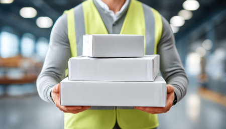 E commerc delivery worker holding stacked white boxes in warehouse conveying efficient serviceの素材