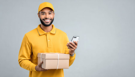 E commerc delivery man holding parcel and smartphone smiling in yellow uniformの素材
