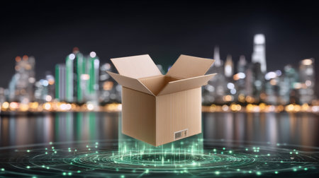 E commerc cardboard box floating over digital cityscape at night with glowing network lightsの素材