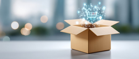 E commerc open box with glowing shopping cart icon and sparkles conveying online delivery joyの素材