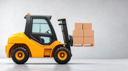 Yellow forklift lifting cardboard boxes on pallet e commerc efficient warehouse handlingの素材