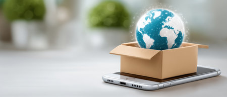 E commerc global shipping concept small cardboard box on smartphone with glowing earth globeの素材