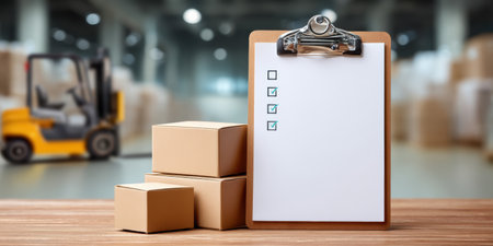 E commerc cardboard box clipboard checklist inventory warehouse logistics shippingの素材