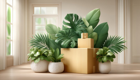 E commerc sustainable plant packaging display green leaves natural decorの素材