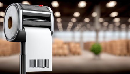 E commerc thermal label printer with barcode roll in busy warehouse ready for shippingの素材
