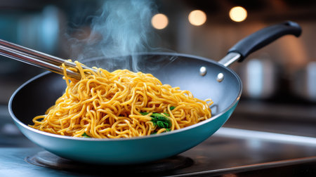 Stir fry noodles in wok steaming with vegetables and oil glazed texture industryの素材