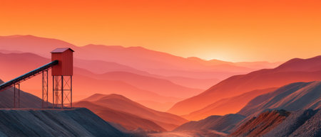 Sunset industrial landscape with conveyor tower and layered mountain valley in warm glowの素材