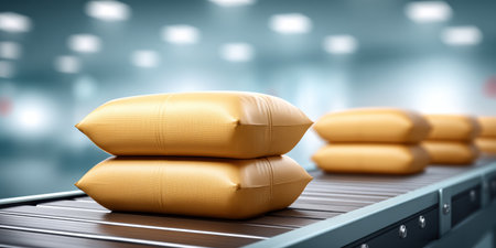 Soft yellow sacks on conveyor industry packing warehouse environment efficient logisticsの素材