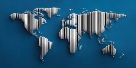 Striped barcode world map on blue background evoking global commerce and connectivityの素材