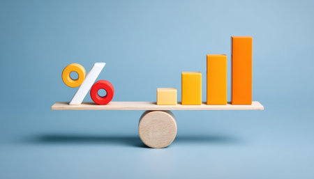 Percentage symbol and rising bar chart balanced wooden seesaw expressing financial growthの素材