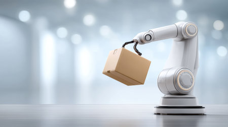 E commerc robotic arm holding cardboard package in modern fulfillment center efficient packingの素材