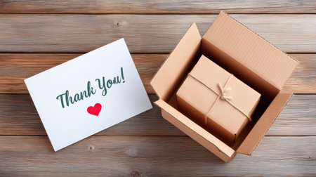 Thank you card with tied parcel and open box on wooden table e commerc heartfelt noteの素材