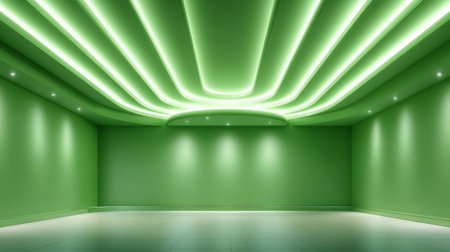 Modern empty green room with curved illuminated ceiling and soft mood lightingの素材