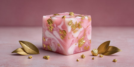 Luxury food soap cube with pink marble swirls and gold leaf accents creating elegant beautyの素材