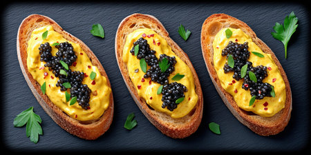 Luxury food appetizer with creamy spread and caviar toasted bread garnished with herbs and spiceの素材