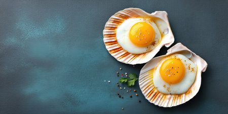 Luxury food sunny side egg served in scallop shell with herbs and pepperの素材