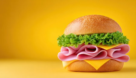Luxury food ham sandwich with lettuce and cheese on brioche bun bright appetizingの素材