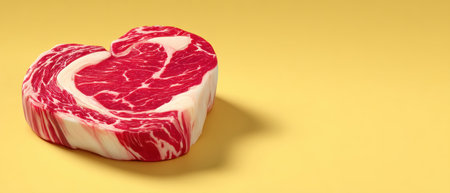 Luxury food heart shaped raw steak on yellow background evokes indulgence and romanceの素材