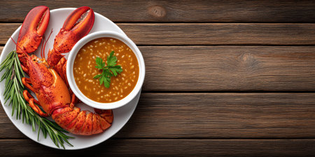 Luxury seafood soup with lobster and herbs arranged on wooden table creating cozy gourmet moodの素材