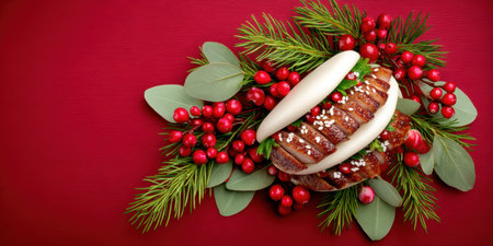 Luxury food holiday bun with festive greens and red berries creating warm seasonal joyの素材