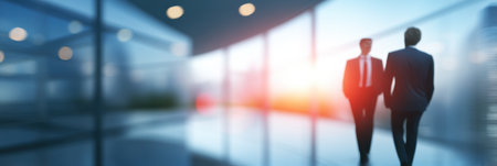 Blurred business people walking in modern office corridor with sunlight glowの素材