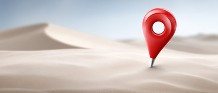 Red map pin marker in desert landscape evokes isolation and navigationの素材