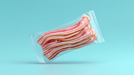 Smoked bacon strips packaged in clear vacuum bag, bright studio food shot with playful moodの素材