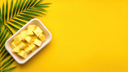 Fresh pineapple chunks in biodegradable tray with tropical palm leaf, bright summer moodの素材