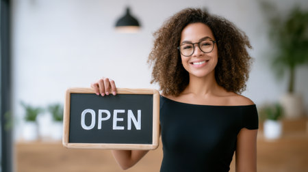Young entrepreneur smiling holding open sign small business woman with glasses friendlyの素材