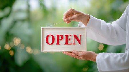 Small business open sign held by hands outdoors with green bokeh backgroundの素材