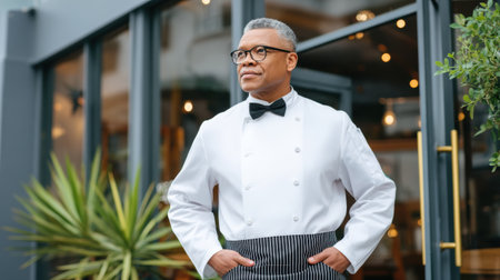 Elegant small business chef in white jacket and bow tie standing outside restaurantの素材