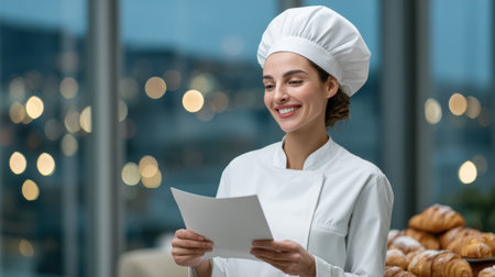 Smiling chef reading menu in small business bakery interior with pastries and lightsの素材