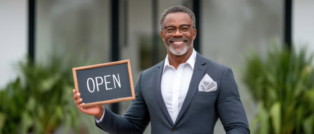Small business owner smiles holding open sign in front of storefront bright welcoming sceneの素材