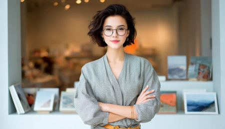 Small business owner with confident smile standing in gallery storefrontの素材