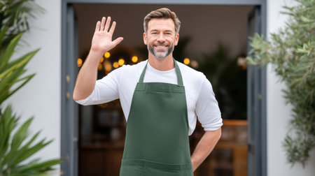 Friendly small business owner waving at camera outside cafe smilingの素材